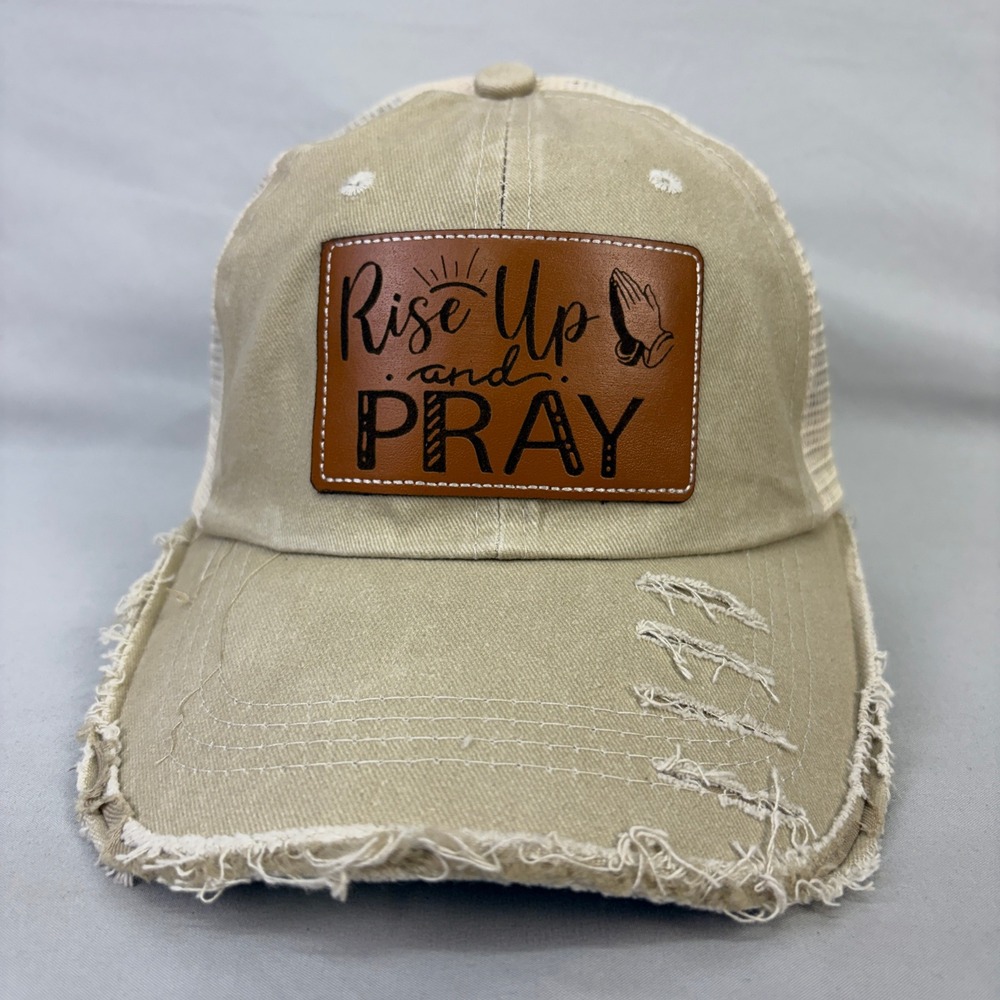 Rise Up and Pray Christian Distressed Trucker Hat Snapback Leather Patch Cap